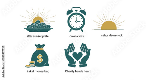 Islamic symbols icons iftar plate dawn clock saher time zakat charity