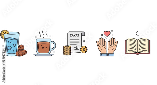 Islamic symbols icons illustration dates tea zakat hands and book