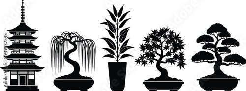 Set of black silhouettes featuring a Japanese pagoda bonsai trees in pots and decorative indoor plants isolated on white background for zen garden design