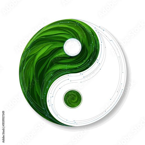 Modern green and white yin yang symbol with swirling patterns