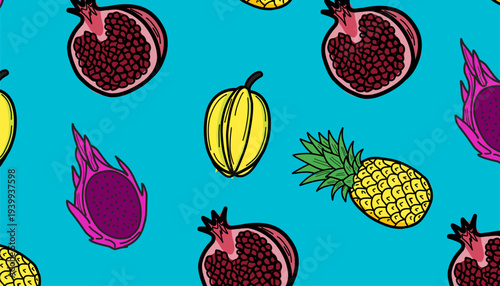 Tropical fruit seamless pattern. Hand drawn exotic illustration. Pineapple pomegranate starfruit dragonfruit. Colorful summer textile design. Vector wallpaper background graphics.