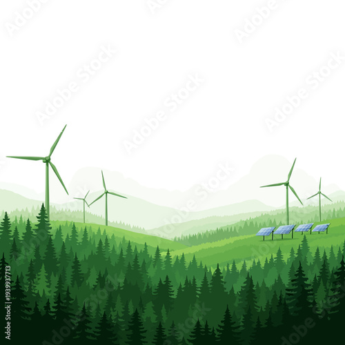 Renewable energy sources in a lush green forest landscape