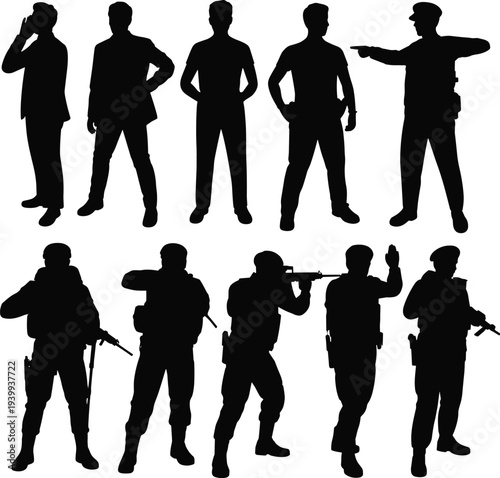 Police officer silhouette illustration, security personnel vector, military combat design, armed forces troops art, defense training icon, cad drawing flat vector illustration