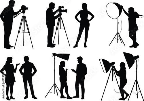 Photography silhouette illustration, videography crew vector art, camera lighting design, studio teamwork icon, behind the scenes figure, cad drawing flat vector illustration