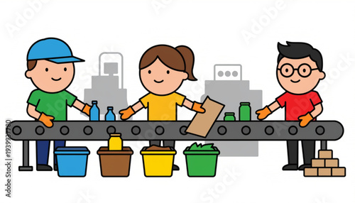 Workers Sorting Recyclable Waste on Conveyor Belt Recycling Plant Vector Illustration