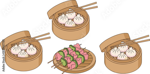 Asian dim sum dumplings in bamboo steamer with chopsticks and grilled skewers flat vector food illustration set