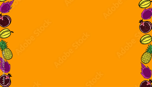 Tropical fruit background pattern. Hand drawn exotic illustration. Pineapple pomegranate starfruit dragonfruit. Colorful summer textile design. Vector wallpaper background graphics.