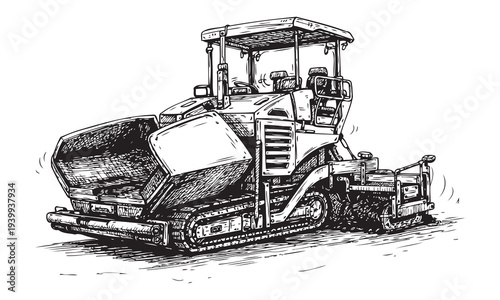 Monochrome Asphalt Paver Machine Vector Sketch with Rough Hand Drawn Roadwork Line Art