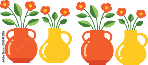 Colorful Flower Vase Vector Illustration Set with Orange and Yellow Ceramic Pots Decorative Plants Flat Style Isolated Design
