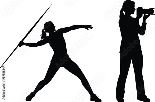 Black silhouette of female javelin thrower athlete in action pose and professional woman photographer with camera on white background isolated