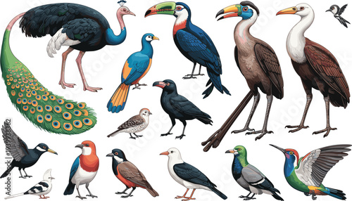 Colorful bird collection illustration, exotic tropical birds set, peacock ostrich toucan hornbill crow seabird isolated wildlife diversity clipart nature fauna