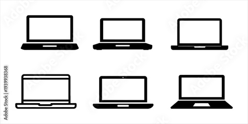 Diverse collection of modern minimalist laptop computer icons in black and white styles, perfect for technology and digital concepts