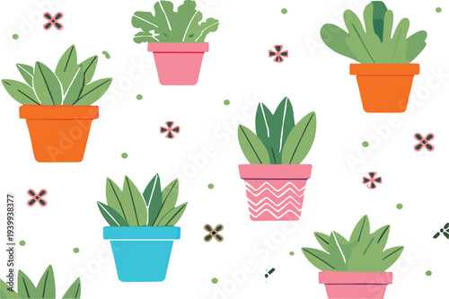 Colorful houseplants in decorative pots flat vector illustration set, indoor gardening plants with leaves and floral elements