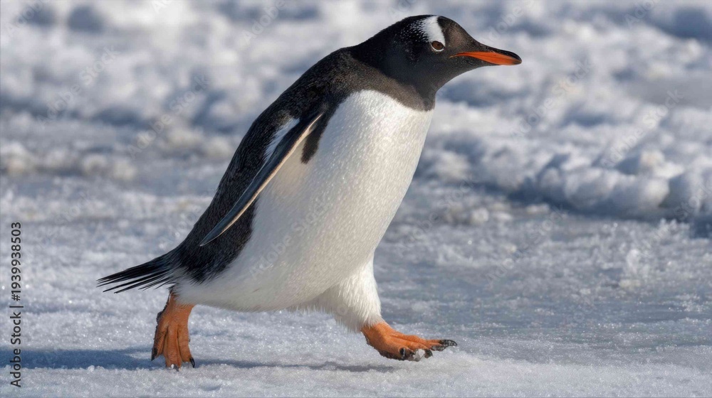 Fototapeta premium A playful gentoo penguin waddles across a frosty, icy terrain with bright orange feet
