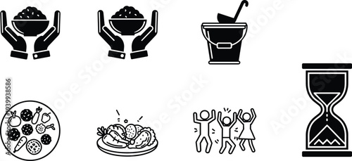 Food charity and community care icons set, donation hands meal sharing volunteering support hourglass time vector illustration