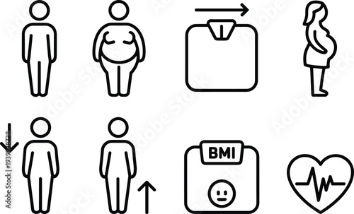 Body weight, BMI scale and health monitoring outline icons set with human body shapes, fitness tracking and medical wellness vector illustration