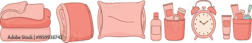Cozy bedroom essentials vector set with folded towels blanket pillow alarm clock cosmetics and bathroom accessories in soft pastel style