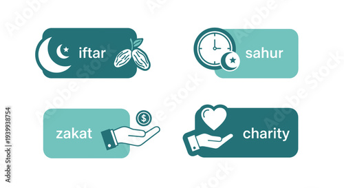 Islamic symbols of ramadan and giving in teal green color on white