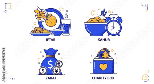 Islamic symbols of iftar sahur zakat and charity illustrated in a graphic design