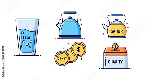 Islamic symbols ramadan illustrations featuring water glass kettle and charity box