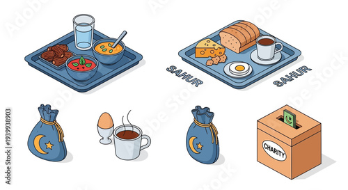 Isometric illustration of sahur meals donations and islamic symbols on white