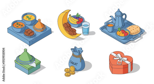 Isometric illustration of traditional food and gift icons on white background