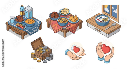 Isometric illustration of various food and charitable activities with a warm glow