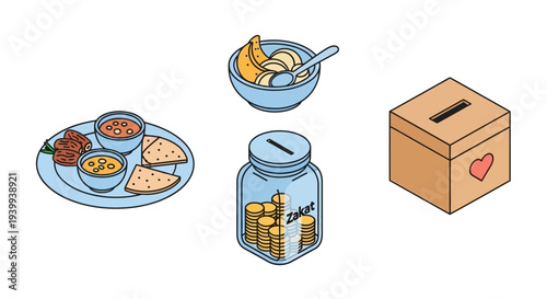 Isometric illustrations of food bowl jar of coins donation box and plate