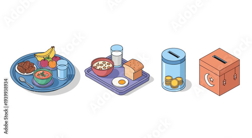 Isometric illustrations of food donations and charity with diverse elements