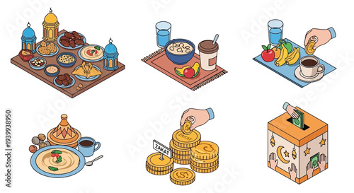 Isometric illustrations of food drinks and charitable giving with various elements