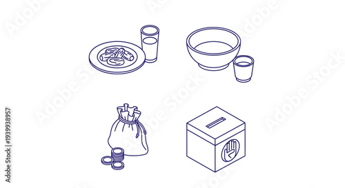 Isometric illustrations of food items and donation elements isolated