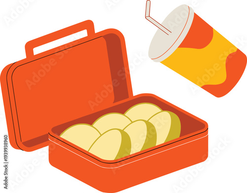 School lunch box with sandwich slices and soft drink cup vector illustration, simple food container concept for meal, snack and cafeteria design