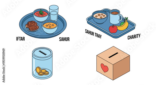 Isometric illustrations of food drinks and donation boxes on white background