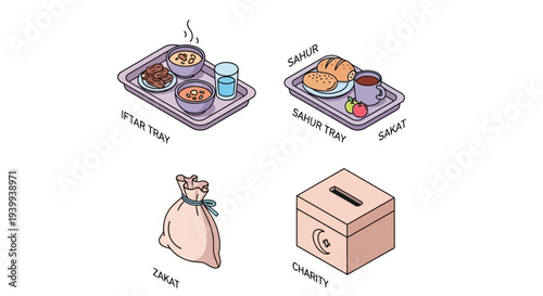 Isometric illustrations of food trays and charitable giving elements