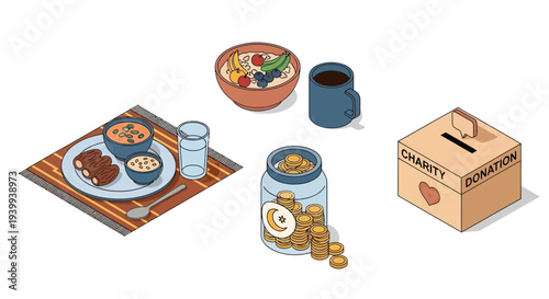 Isometric illustrations of food items donations and charity elements