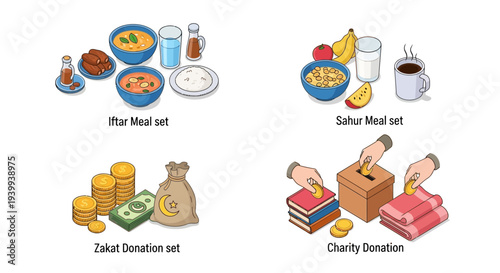 Isometric illustrations of food sets donation and charity actions with text