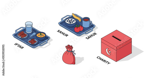 Isometric illustrations of meals charity box and donation bag with text elements