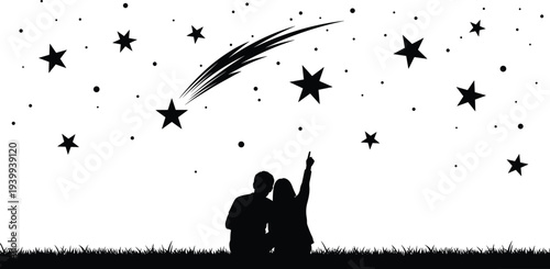 romantic couple silhouette watching shooting star, night sky stars illustration, love couple sitting on grass, romantic sky vector background