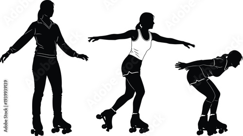 Roller skating woman silhouette set, female skater poses collection, inline quad skating sport action isolated black vector illustration