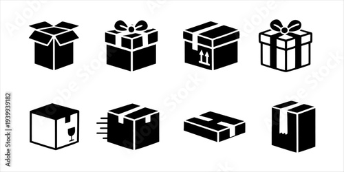 Assortment of delivery and gift box icons, perfect for packaging designs