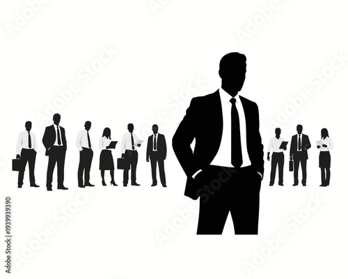 A commanding vector illustration of a leading businessman silhouette standing confidently before a diverse team of corporate professionals.