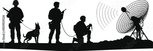 Black Silhouette Set of Soldiers with K9 Service Dogs and Satellite Dish for Military Communication Surveillance Special Operations and Security Missions
