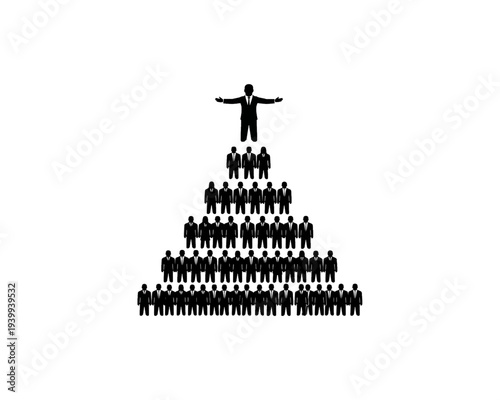 A vector illustration depicting a structured business hierarchy with a commanding leader at the apex overlooking team members.