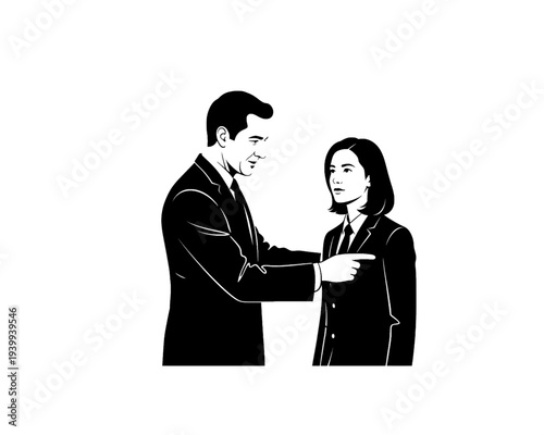 Striking black and white vector illustration depicting an assertive man directing or accusing a serious professional woman.