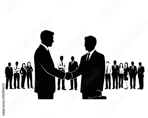 Black silhouette vector graphic design depicting two businessmen shaking hands during a successful corporate agreement.