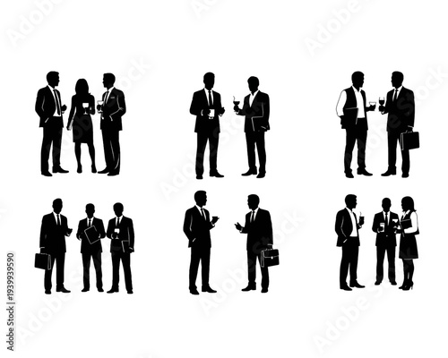 Vector graphic illustration featuring diverse business professionals networking and conversing during corporate events or social gatherings, depicted as silhouettes.