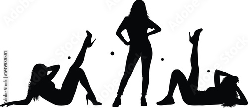 Sexy woman silhouette set, female dancer poses, seductive girl outline illustration, fashion model figure isolated black vector design