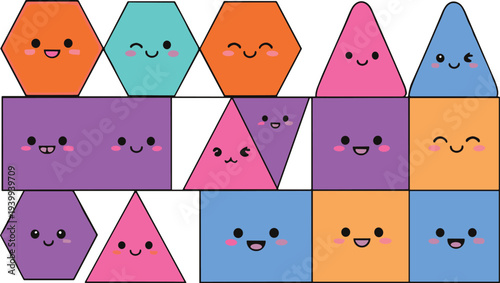 Cute Kawaii Geometric Shapes Vector Set with Smiling Hexagon Triangle and Square Cartoon Characters Colorful Illustration