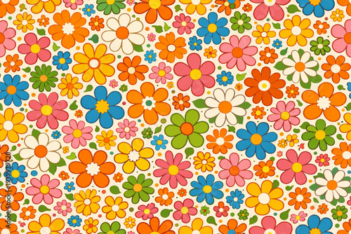 Floral seamless vector pattern with retro flowers colorful shapes on black background