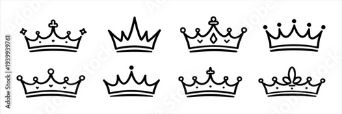 Hand Drawn Doodle Crown Icon Set - Royal Majestic Sketch Elements Collection